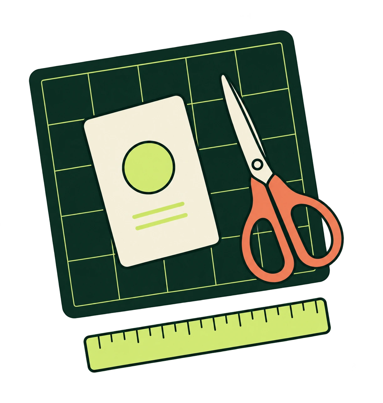Illustration of a cutting mat, card, scissors and ruler
