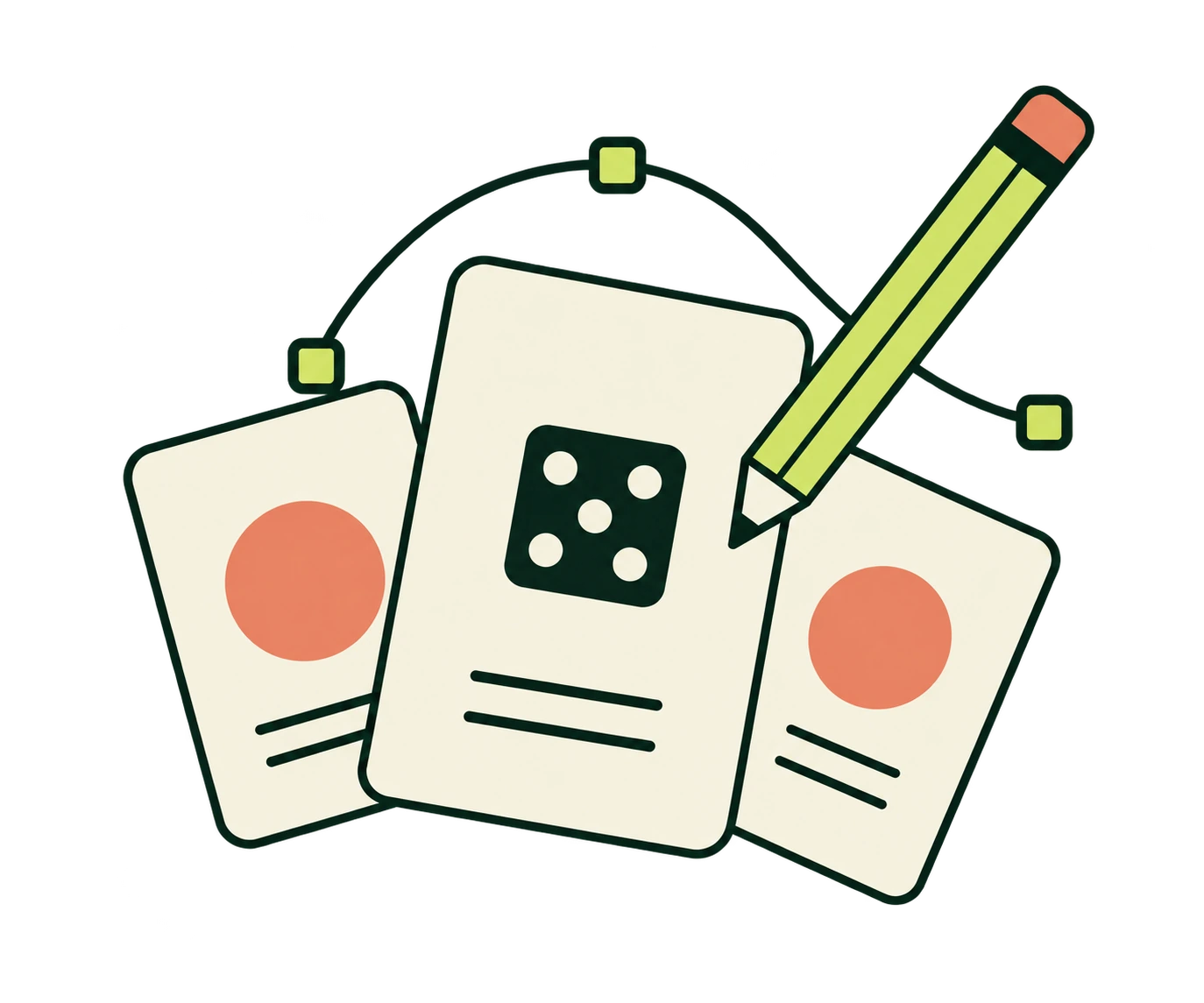Illustration of cards, a pencil and a drawing curve