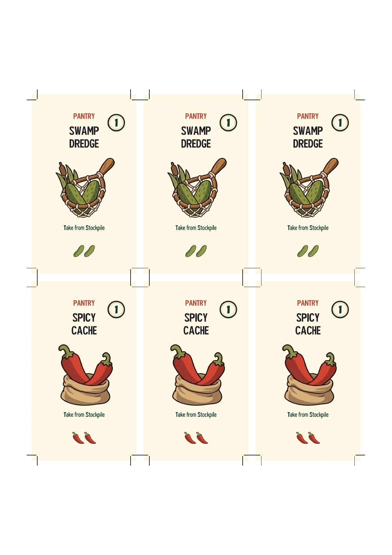 Actual exported print-and-play sheet containing six Monster Munch Pantry cards